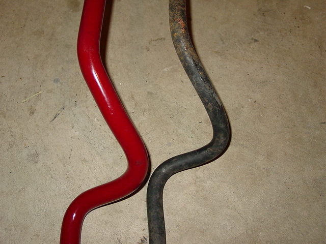 Take a moment and check out the difference in the size. The stock front bar is 20 mm and the Eibach bar is 25 mm.