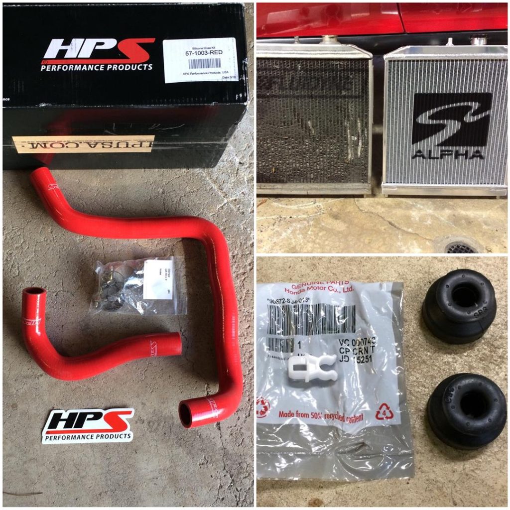 My Fluidyne radiator was almost 16 years old and was starting to leak. To replace it, I bought a Skunk 2 radiator. I also picked up new OEM radiator bushings. I also had to order new hoses and elected to use HPSs silicon hoses. I thought the red hoses were a nice touch!